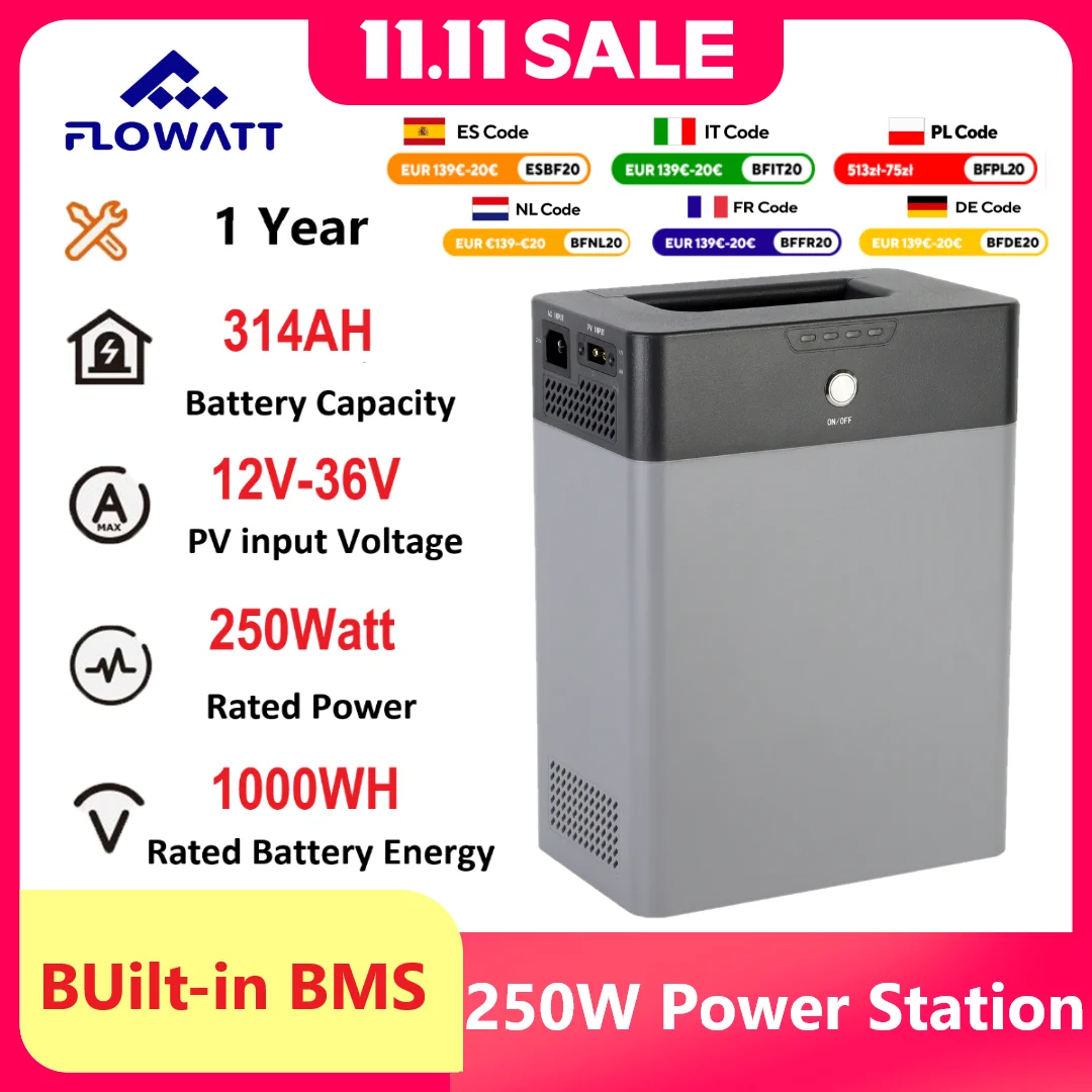 PowMr-Verrerie de centrale électrique portable, batterie veFePO4 WH avec longue entrée 250W, générateur solaire 12V, 24V, 36V, 314Ah pour Garden Party en plein air