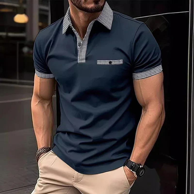 Verão bussiness casual polo camisas masculinas xadrez lapela botão manga curta moda topos golfe t camisa roupas masculinas