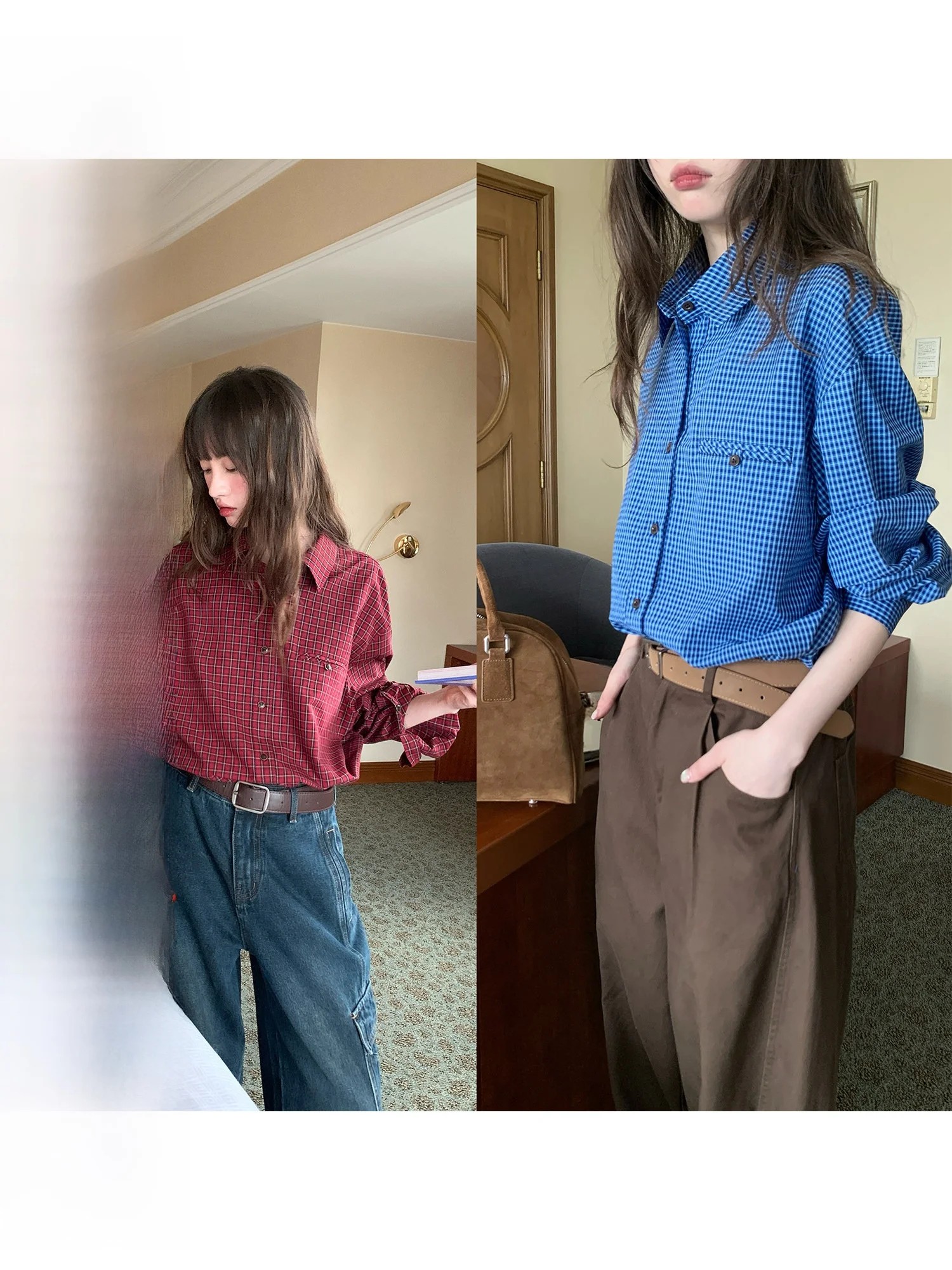 

Свободная классическая клетчатая женская блузка в стиле ретро, базовая, длинная, для многослойного образа, осенне-зимняя, винтажная, на пуговицах