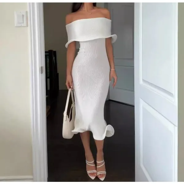 

Sexy Midi Dress Women Elegant Princess One Shoulder Slim Party Skirt Summer 2025 Shawl Sleeve Bodycon Tube Tops Solid Dresses