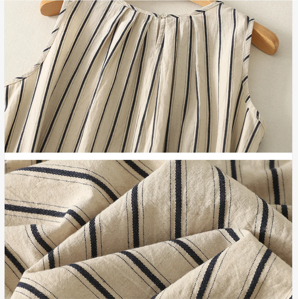 المرأة الصيف بوهو نمط مخطط طباعة أكمام القطن فستان كتان مطوي س الرقبة مستقيم البيج ميدي فستان طويل جيب حزام #5