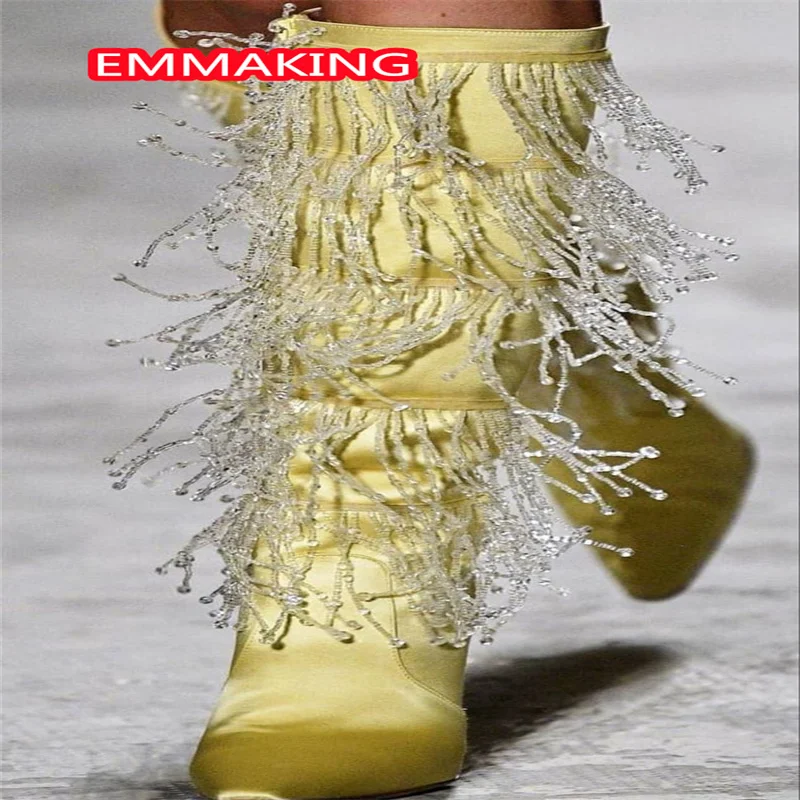 New Beading Tassels Fashion Sexy Women Runway Boots Pointed Toe Party Light Yellow Winter Rome Knee High Boots  Ladies Shoes