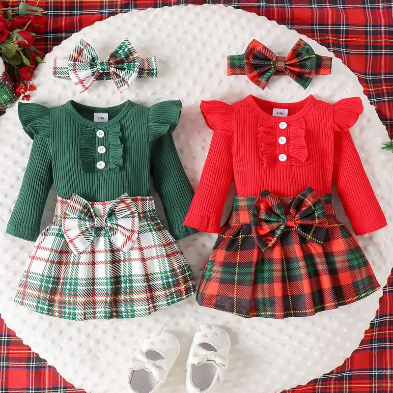 Autumn and Winter New Girls' Set Long Sleeved Khaki Plaid Short Skirt Headband Sweet and Cute Christmas Three Piece Set