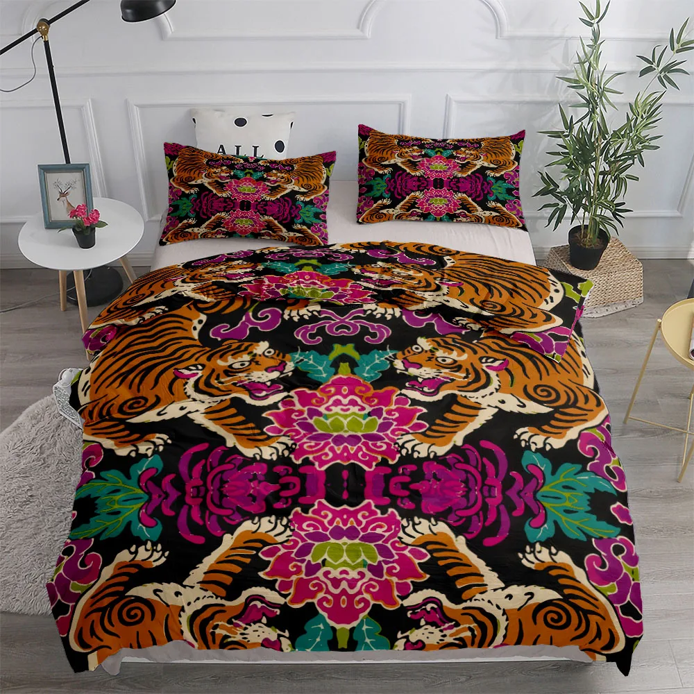 Chinoiserie Woodland Tigers Duvet Cover Set,Single Twin Double Full Queen King Quilt Cover