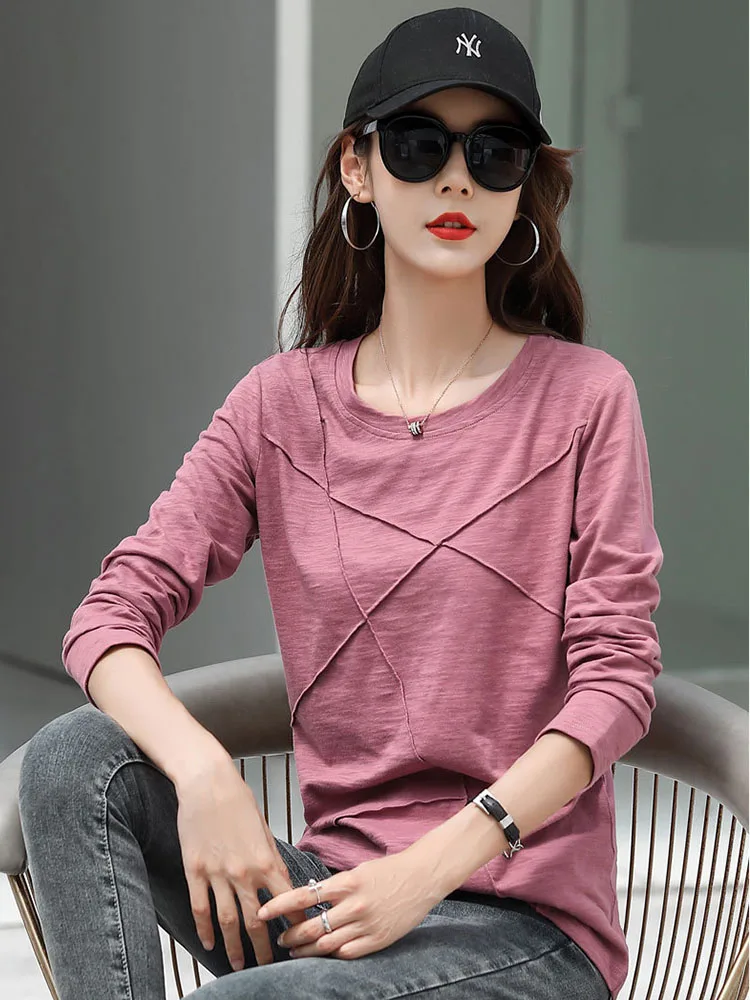 Long sleeve t shirts women Ribbed Bamboo Cotton T-Shirt Autumn Women O-Neck Loose Simple Purple Tshirt-Green,Xxl