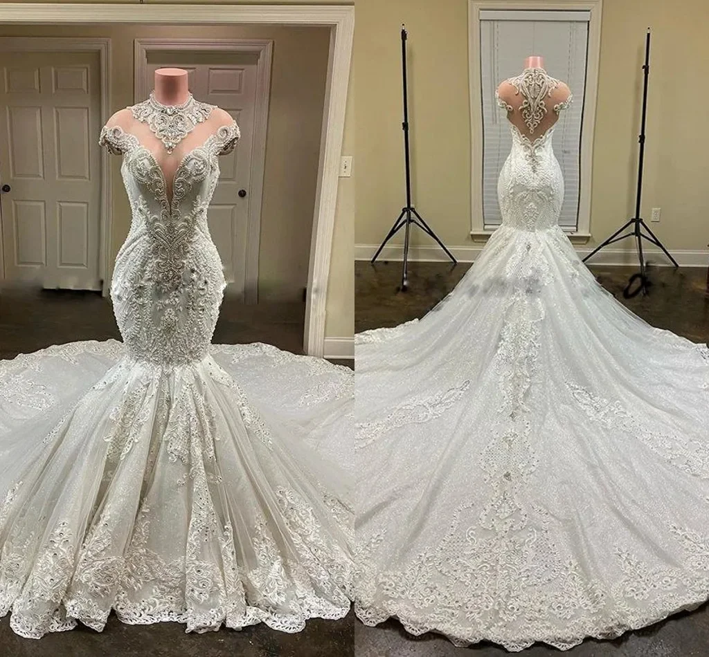 Personalizado faísca alta pescoço apliques cristais contas sereia vestidos de casamento mangas boné ilusão árabe voltar vestido de noiva