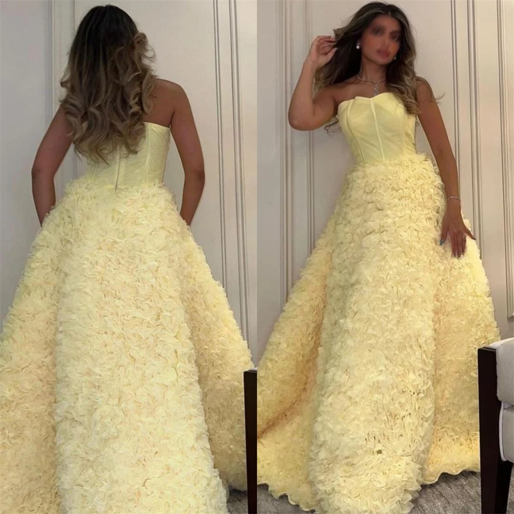 Customized Prom Dresses Simple Strapless Ball Gown Cocktail FlowersFold Chiffon Occasion Evening Gownفستان سهرة نسائي فخمه  luxu