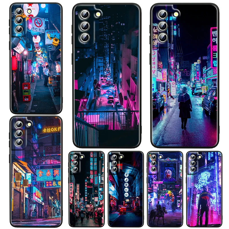 

Cyberpunk City Night Cool Black Phone Case For Samsung Galaxy S23 S22 S21 S20 FE Ultra Plus S10 Lite S9 4G 5G Cover