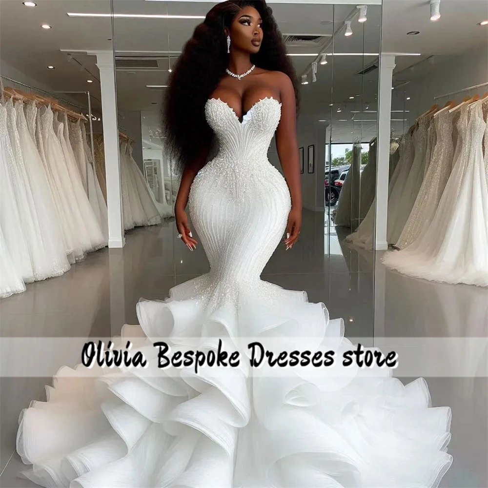 Divine Mermaid Aso Ebi Wedding Dresses 2025 Beads Ruffles Train African Sweetheart Bridal Gown vestidos novias boda Customized