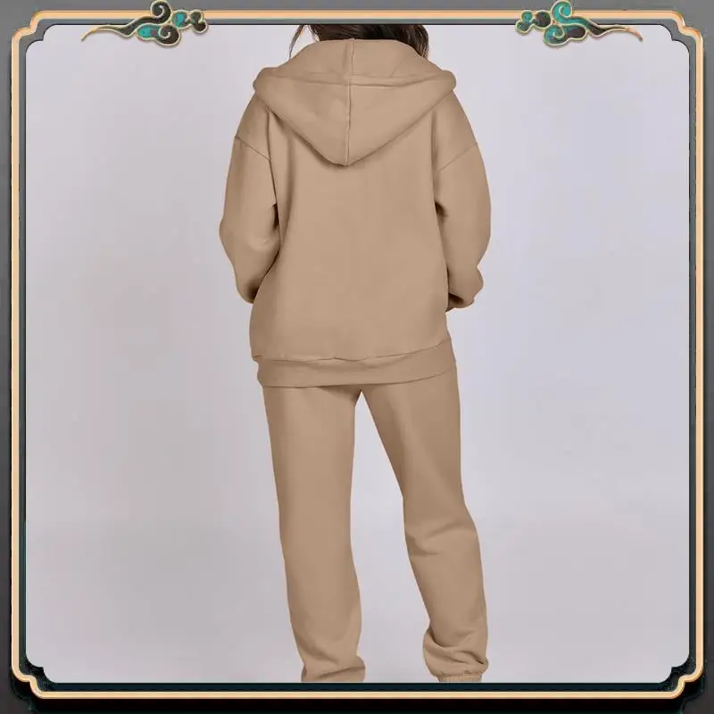 B11A-Mulheres zip up hoodies manga longa cor sólida outono casual moda jaquetas com calças conjunto