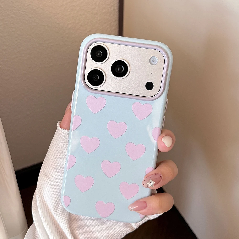 Glossy Phone Case For iPhone 17 16 15 14 13 12 Pro Max INS Korean Love Heart Print Soft TPU Shockproof Phone Cover