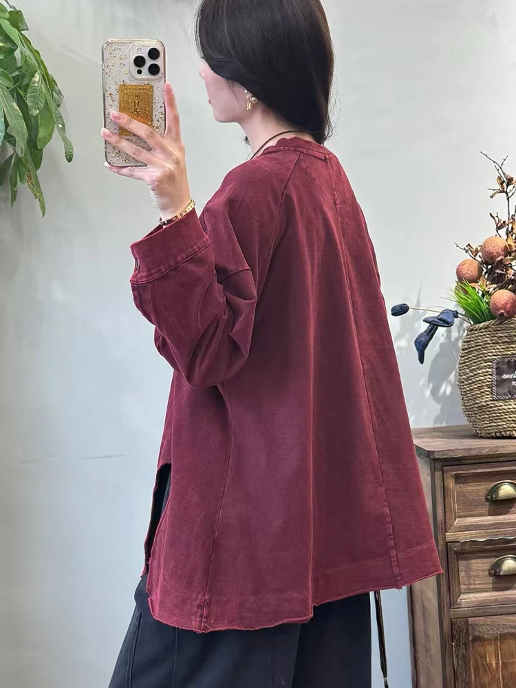 Amax LuluE Korean Autumn Ladies Vintage Soild O Neck Tee Shirts Womens Classic Loose Elegant Tops Fashion Luxury Cotton Clothes