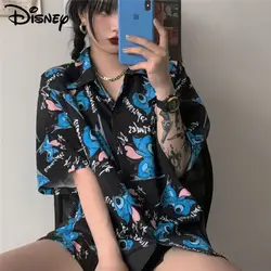 Disney Stitch Women Spring Summer Trend Shirt Cute Cartoon Printed Loose Versatile Blouse Korean Style Sweet Y2k Girl Casual Top