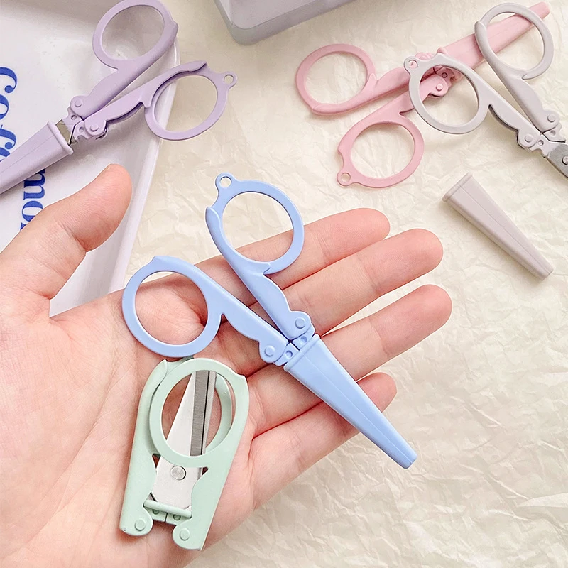 Kawaii Morandi Color Folding Scissors Portable Key Chain Mini Paper Cutter Korean Stationery DIY Handmade Tools Office Supplies