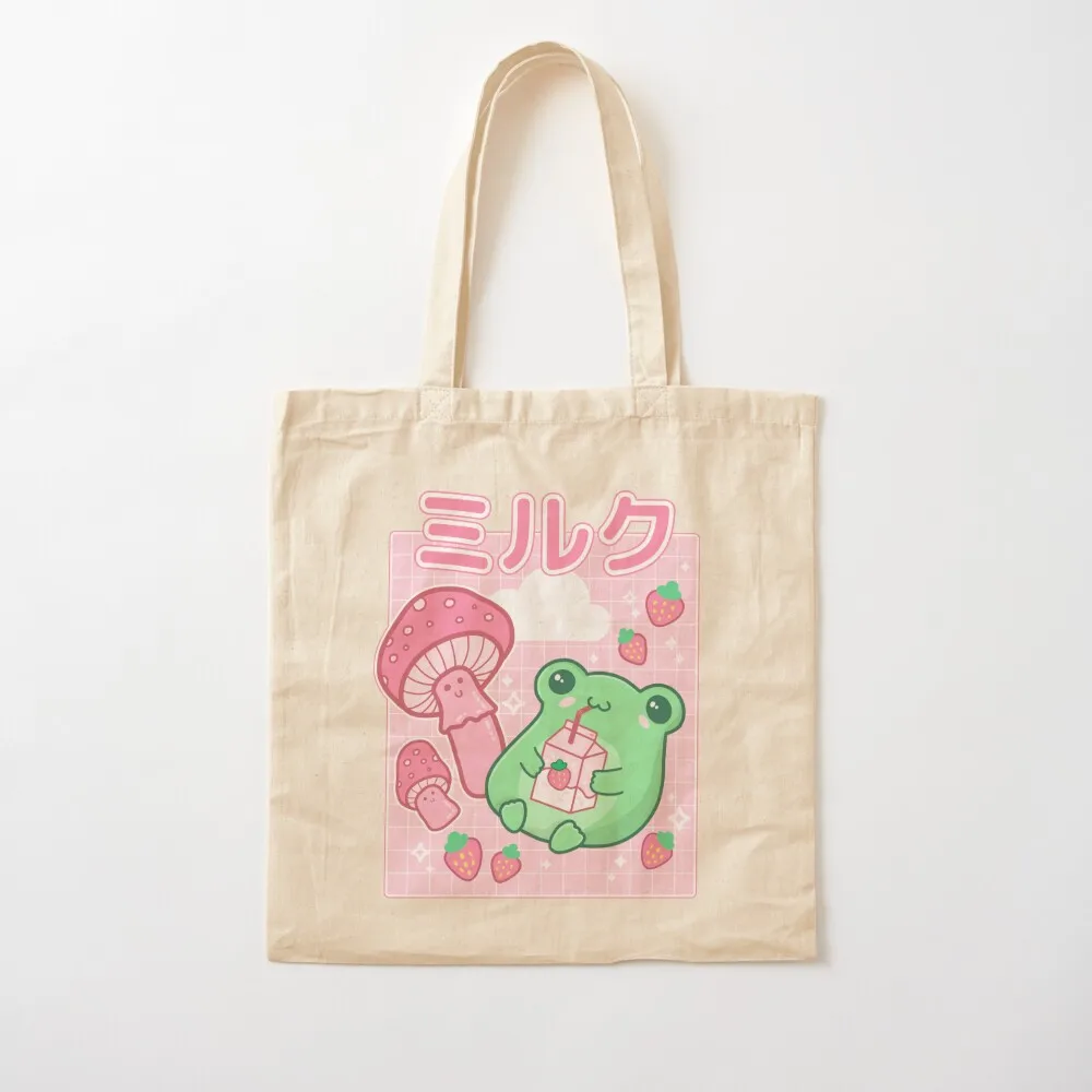 Cute Cottagecore Frog with Strawberries in Retro 90s Kawaii Aesthetic: A Japanese Y2K Style Pink Fungi and Bubble Milk Tote Bag