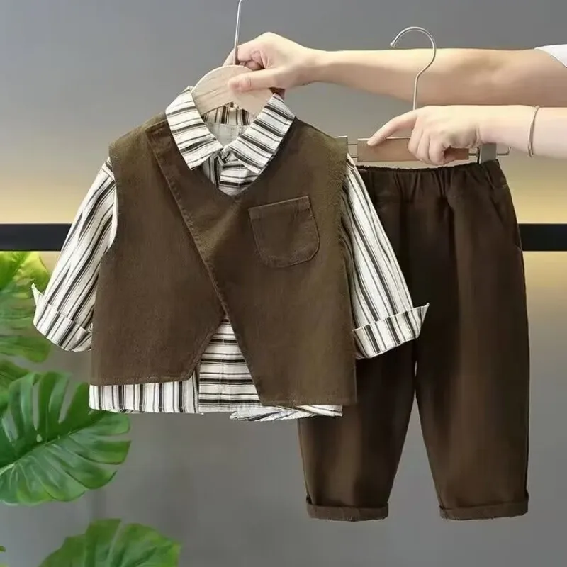 

Boys' Clothing Set Spring and Autumn Children's Baby Korean Edition Handsome Vest Shirt and Pants 3-piece Set Boys Clothes