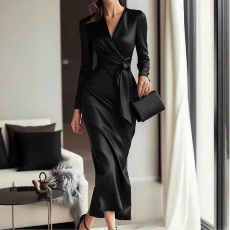 Elegante cetim com decote em v cintura cinched rendas até manga comprida vestido sólido para primavera outono moda feminina temperamento saia longa