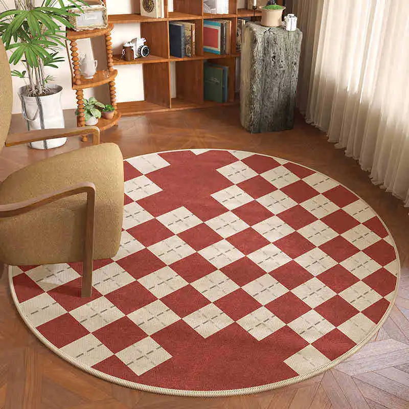 سجادة مستديرة عتيقة، سجادة حمراء بيج، نمط الشطرنج مع نسيج مخيط، سجادة أرضية ناعمة لتزيين غرفة المعيشة والمنزل #1