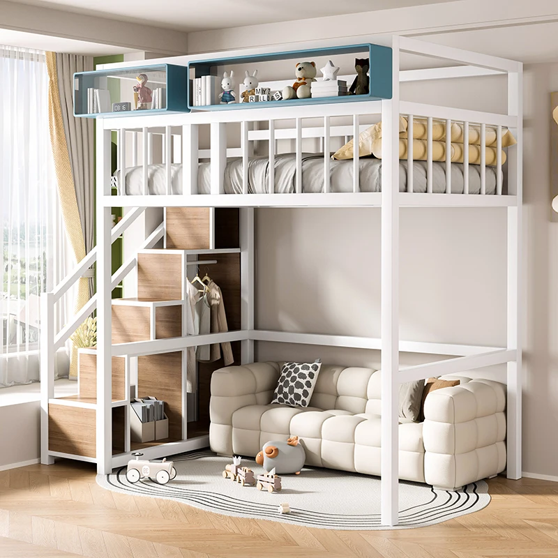 

Small apartment elevated bed duplex second floor loft bed children go to under table combination bed sheet upper floor suspe