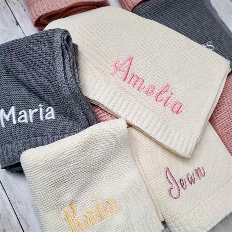 Embroidered Name Baby Blanket Baby Shower Stroller Blanket Newborn Baby Gift Personalized Soft Breathable Cotton Knitted Blanket