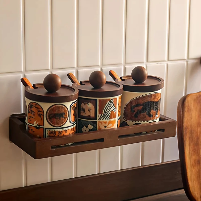 Mid-century Ceramic Spice Jars, Large Capacity Soy Sauce,Vintage Countertop Organizer with Wooden Stand, Kitchen Essentials