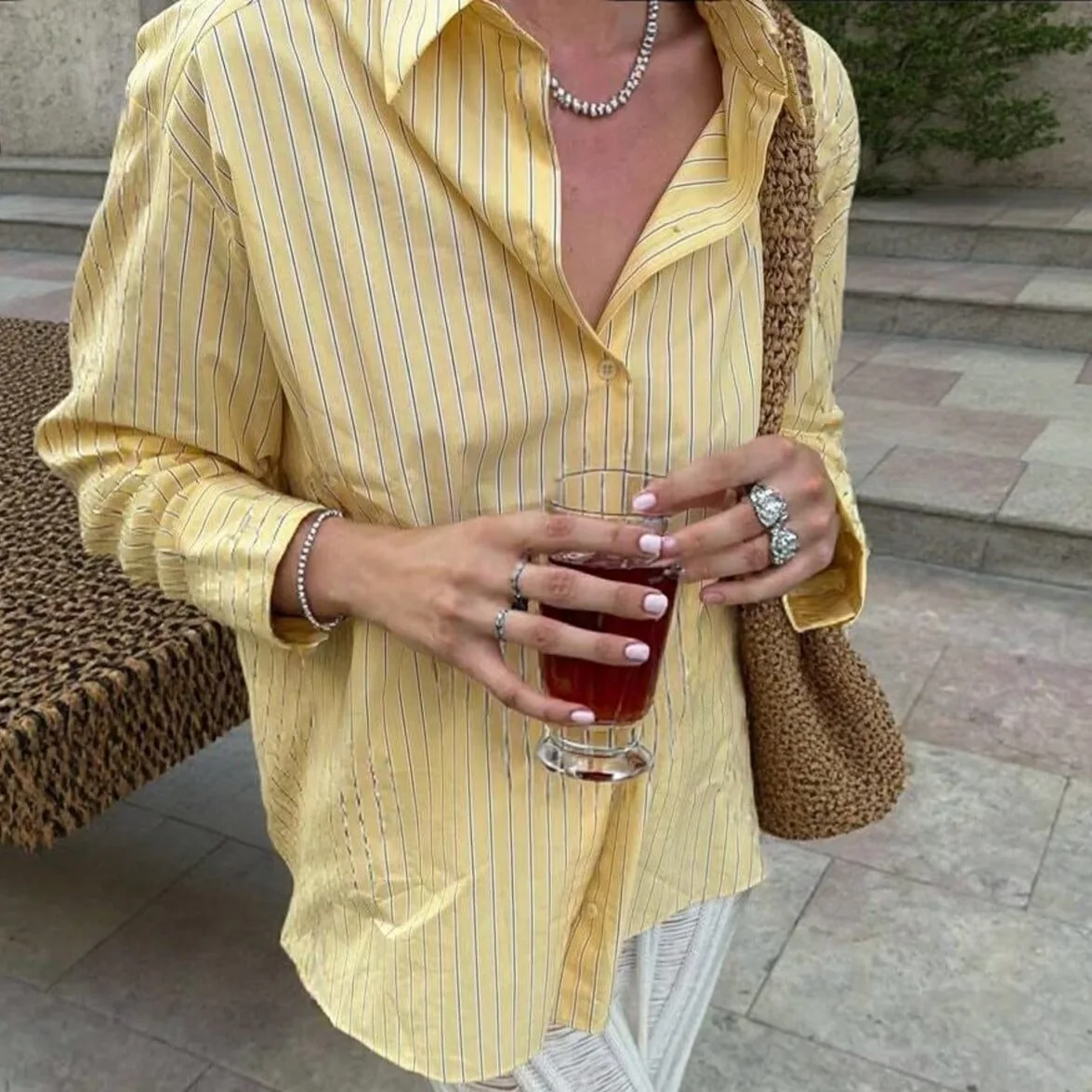 

Yellow Striped Autumn Women's Blouse Turn Down Collar Single-breasted Loose Shirts For Lady Commute Street Female's Outwear