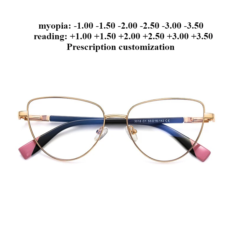 

55-16 Новые полнокадровые очки для чтения с защитой от синего света, женские кошачьи глаза, круглое лицо, металлическая близорукость по индивидуальному заказу