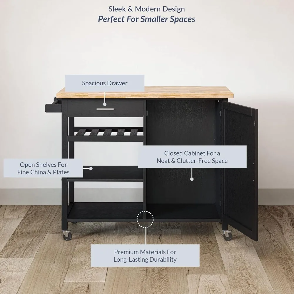 Modern rolling kitchen island utility cart with drawers, lockers, towel rack, rubberwood top, castor wheel