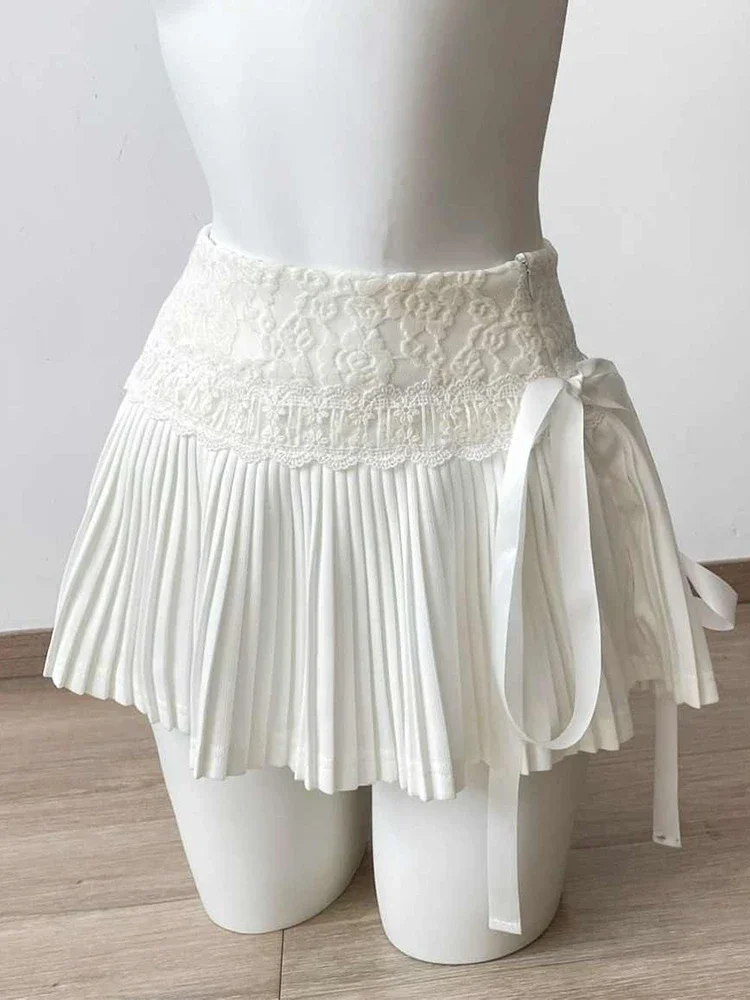 

2000s Aesthetic Lace Mini Pleated Skirt Women French Vintage Coquette Chic A-line Skirt 2025 Spring Sweet Elegant Party Skirts