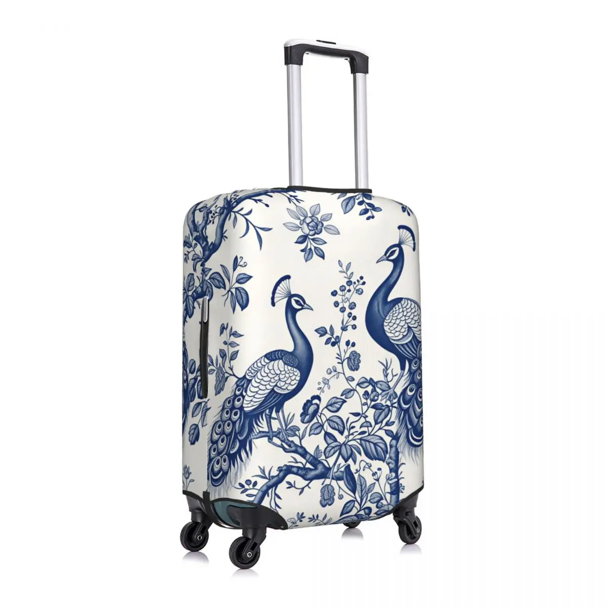 Custom Chinoiserie Blue White Peacock Floral Luggage Cover Protector Elastic Travel Suitcase Covers