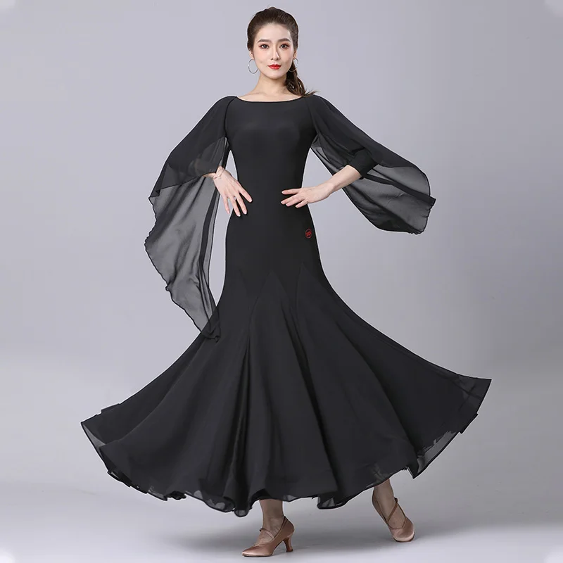 2023 New High-End Temperament Ballroom Long Dress Black Waltz Performance Clothes International Standard Modern Big Swing Dress