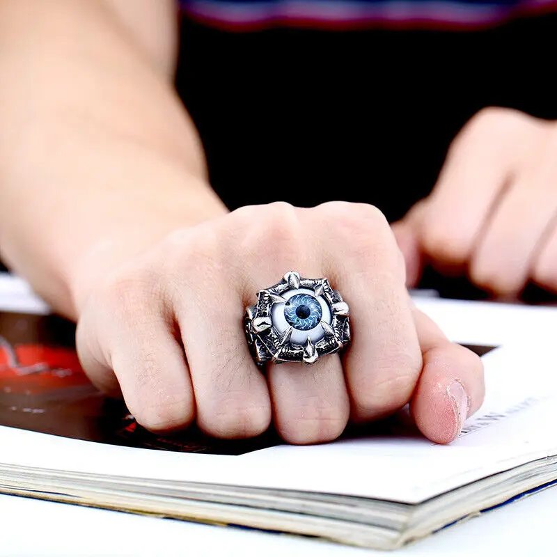 Mens Skeleton Head Demon Eye Stainless Steel Rings Size 7-15