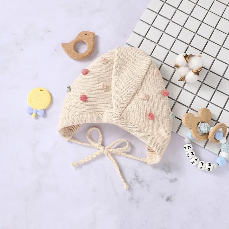 Baby Hats Cotton Knitted Infant Girl Boy Cap Fashion Solid Dot Newborn Children Clothing Accessories Bandage 0-18M Headwear Cute