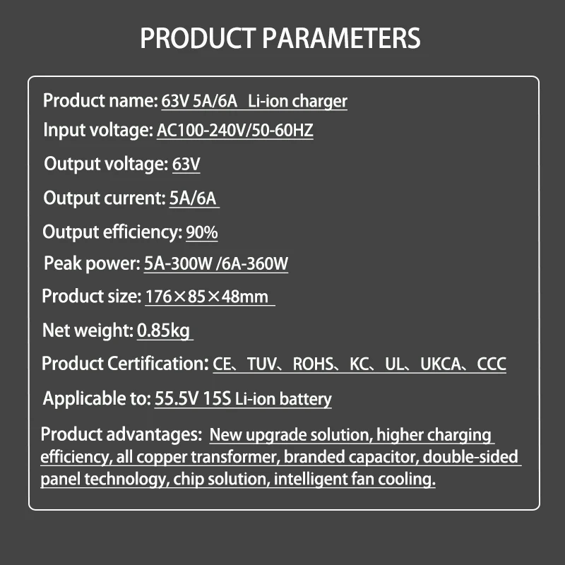 63V 2A 5A 6A Li-ion Charger 15S 55V 55.5V 2A 5A 6A Lithium Chargers T/PC/IEC 3Pin /XT90/XT60/XLR/GX16 Connector