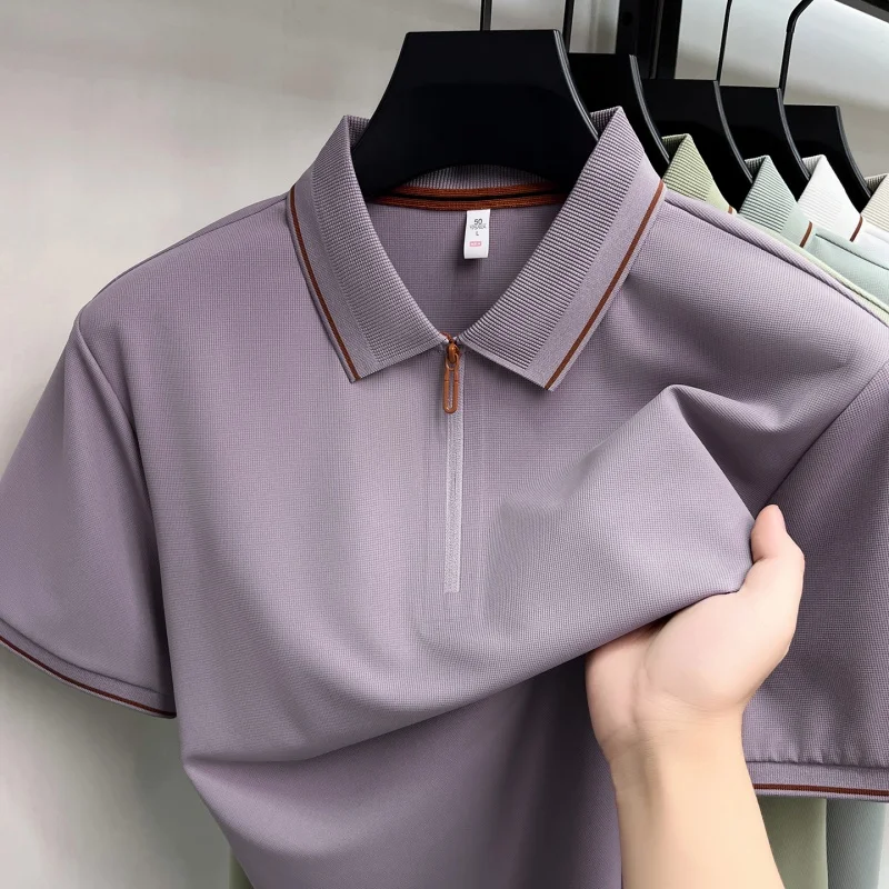 

Fashion half zip short sleeve men's polo shirt luxury ice silk breathable casual comfort high-end summer new solid color T-shirt