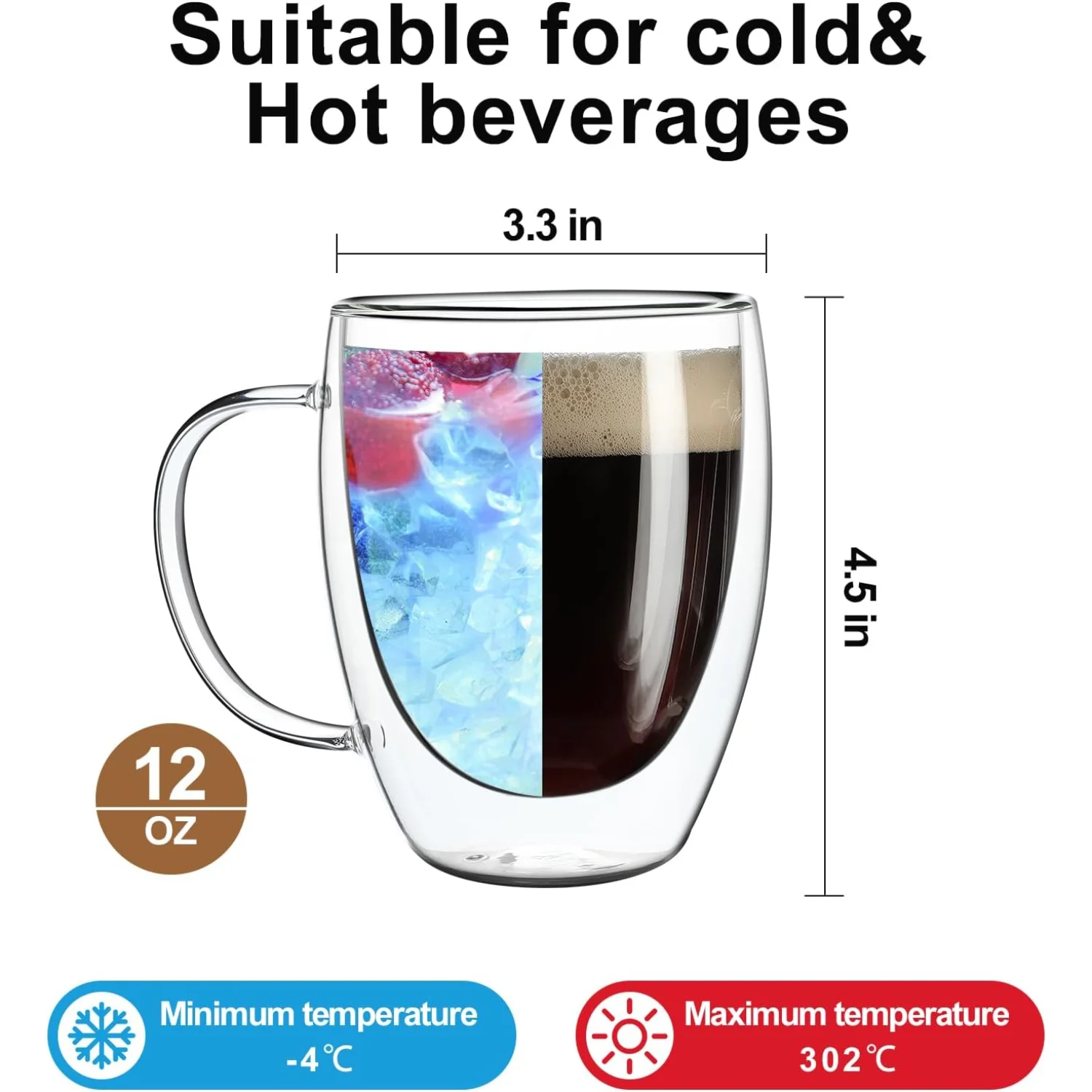 2 Pack Double Walled Glass Coffee Mugs with Handles, Large Insulated Layer Coffee Cups, Clear Borosilicate Mugs, Perfect for Cap