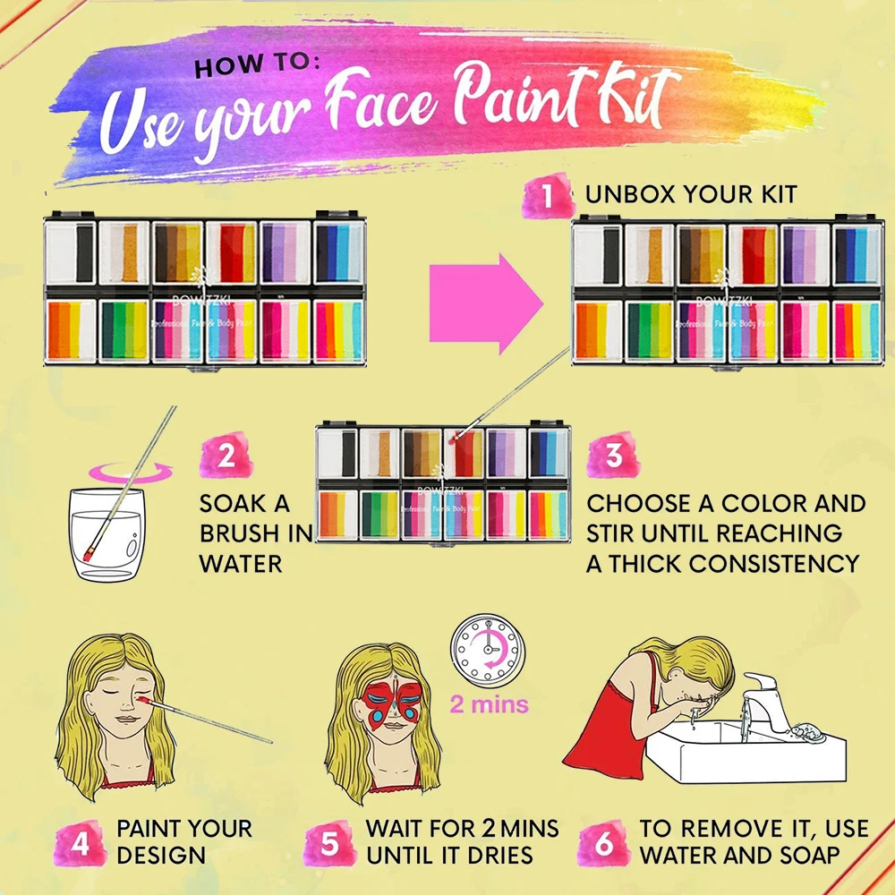 Bowitzki Professional Dream 페이스 페인트 및 어린이를위한 바디 페인트 성인 12x10gm 원 스트로크 스플릿 케이크 레인보우 할로윈