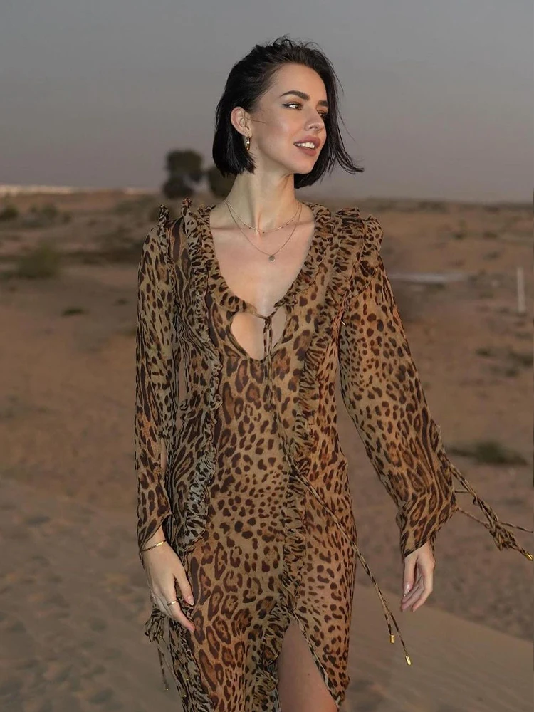 2024 Moda Leopard Print Ruffle Front Split Long Sleeve Dresses Sexy V Neck Chiffon Beach For Summer Women Maxi Dresses A2834