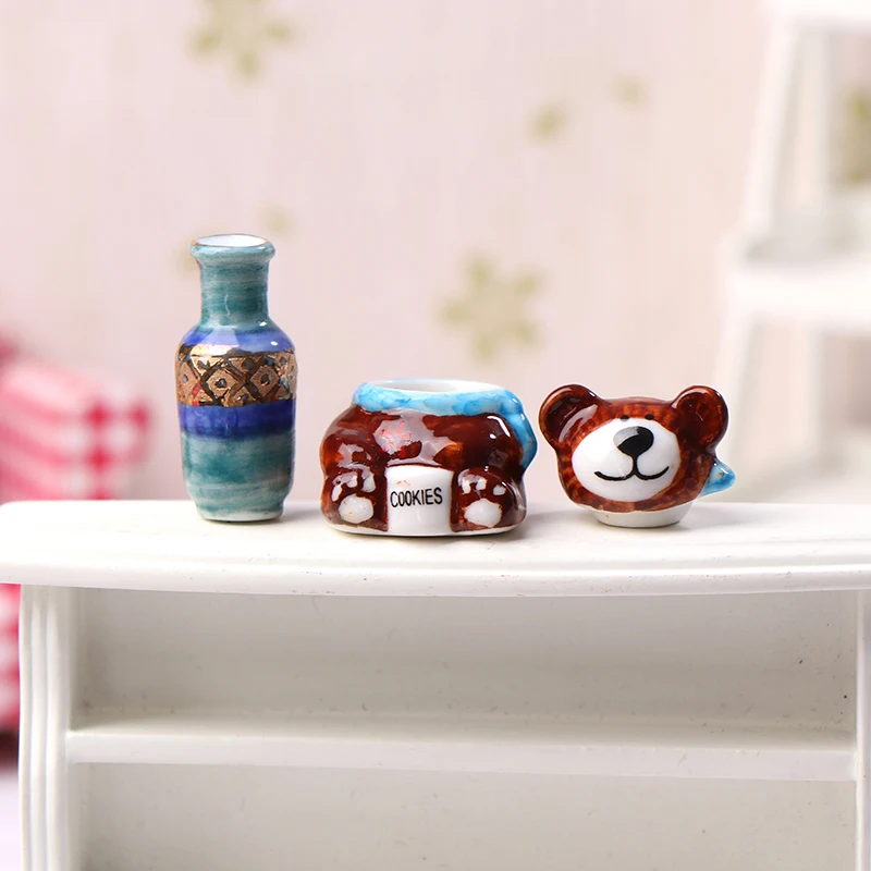 1/2Pcs 1:12 Dollhouse Miniature Cute Ceramic Cookie Jar Candy Jar Mini Animal Kingdom Bear Vase Ceramics Sugar Box Model Toys