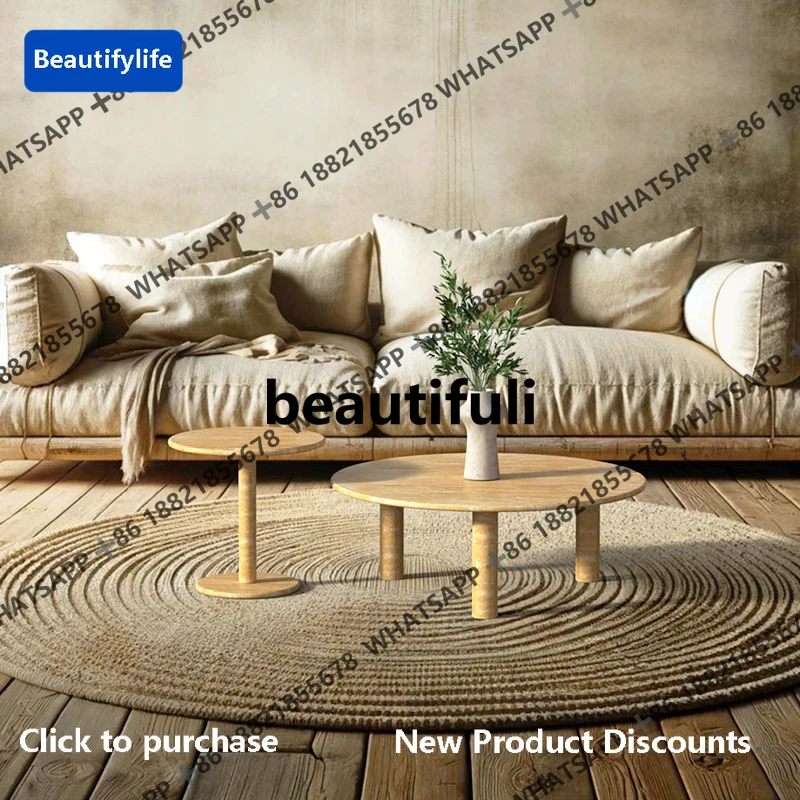 

D183 Designer living room natural travertine coffee table minimalist round low tea table coffee table