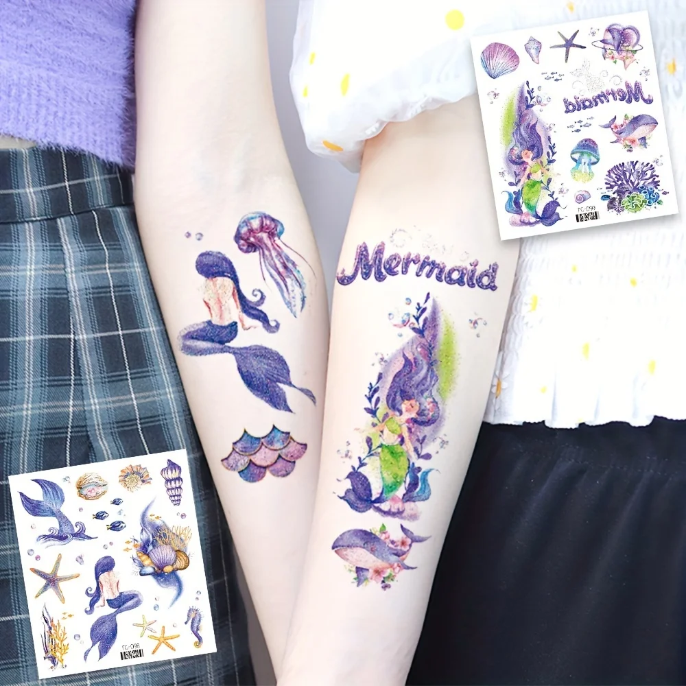 6 Sheets Cartoon Ocean Mermaid Temporary Tattoos for Women Glitter Waterproof Face Tattoo Stickers for Party Favors Gifts