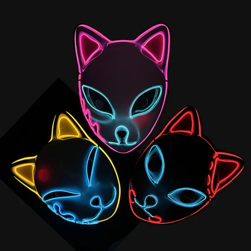 LED Glowing Cat Face Mask Cool Cosplay Neon Demon Slayer Fox Masks For Halloween Birthday Gift Carnival Party Masquerade Decor