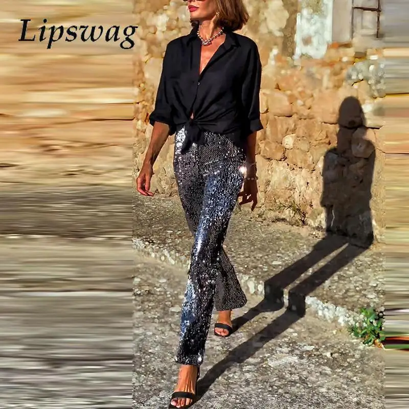 Nieuw Binnen Slanke Mooie Feestbroek Mode High Street Pailletten Flare Broek Vrouwen Elegante Hoge Taille Sparkle Glitter Broek