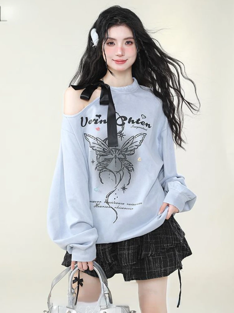 Kawaii Butterfly Print Harajuku Hoodies Y2k Aesthetic Hollow Out Bandage Women Grunge Tops Sweet Oversized Casual Sweatshirts