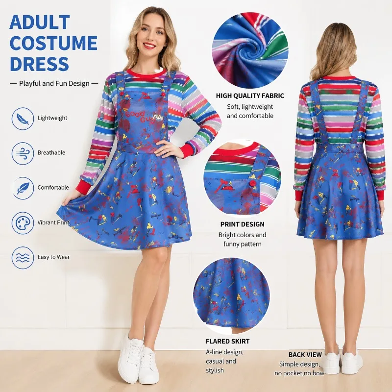 Horror Movie Good Guys Chucky Dress Costume Halloween Killer Costume Creepy Doll Clown Outfit  For Women Cosplay Costume
