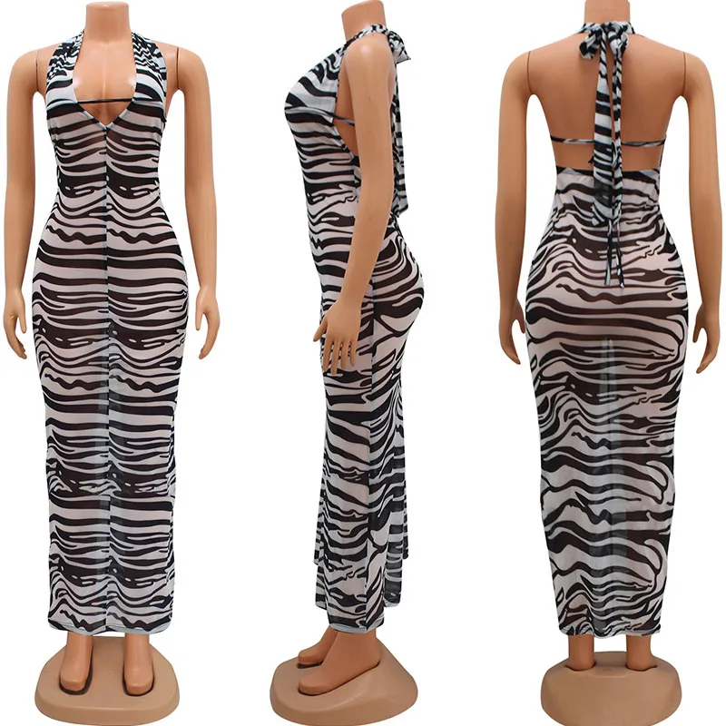 Zebra Stripes พิมพ์ Sheer ตาข่าย Maxi ชุดผู้หญิง Night Party Halter ลึก V คอ Backless Elegant ชุดยาว