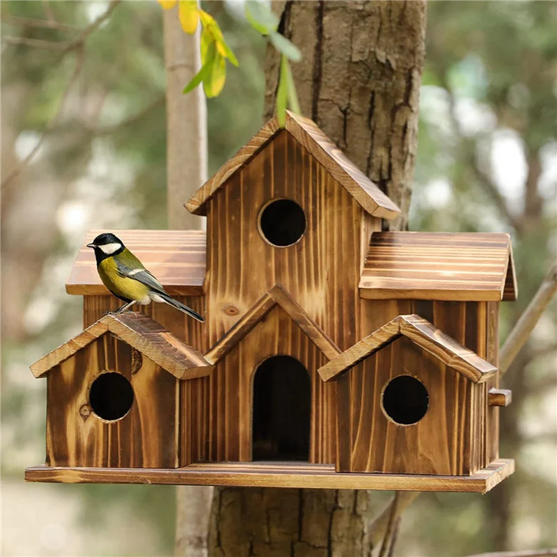 

3X Hanging Wooden Bird House For Outside 6 Hole Wooden Bird House Courtyard Backyard Decorations