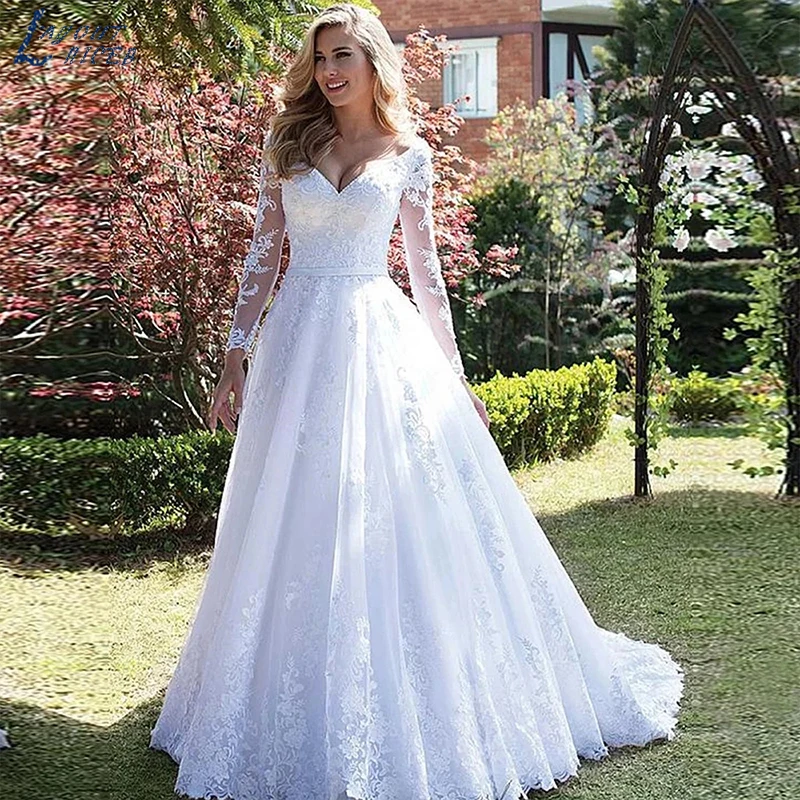 NICEB-vestido De novia elegante con Espalda descubierta, prenda De vestir con apliques De encaje, manga larga, talla grande, cuello en V, hecho a medida El elegante vestido de boda con espalda abierta con estampados de