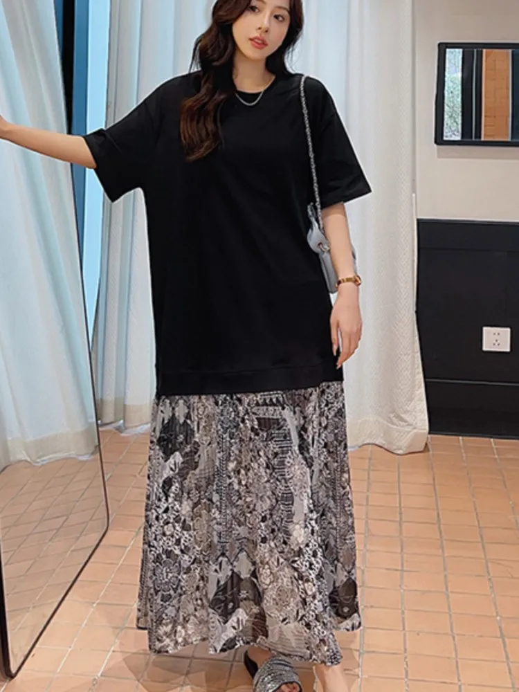 حجم كبير الشيفون الصيف الكورية نمط فستان طويل فضفاض للنساء المرقعة هيم قصيرة الأكمام فساتين السيدات رداء Elbise Vestidos