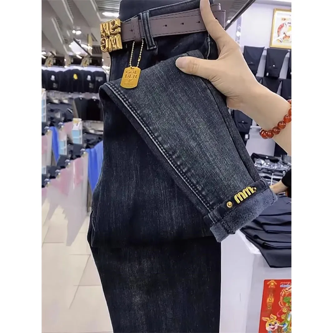 Mulheres mais veludo jeans inverno outono 2025 novo harun jeans senhoras cintura alta estiramento calças tamanho grande tendência moda